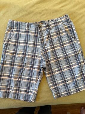 BOSS ORANGE Light Blue, Navy & White Plaid Cotton Shorts